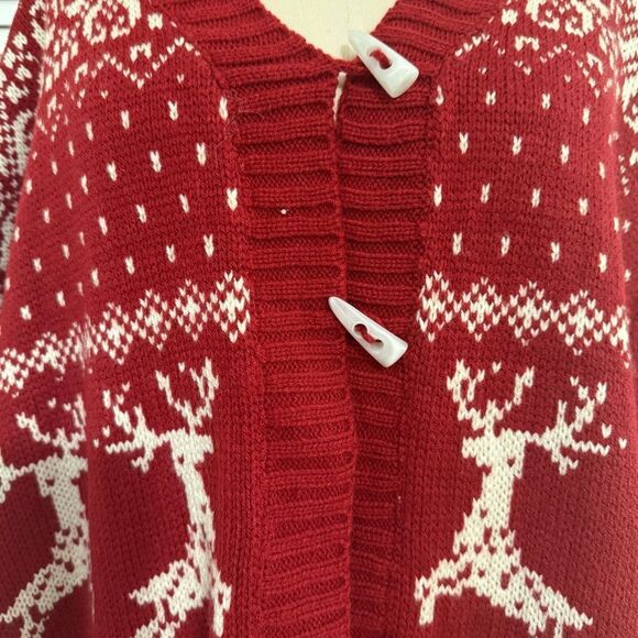 Coco + Carmen Red/Wht Reindeer Hooded Knit Cape-Poncho Sz-S/M - Picture 2 of 8